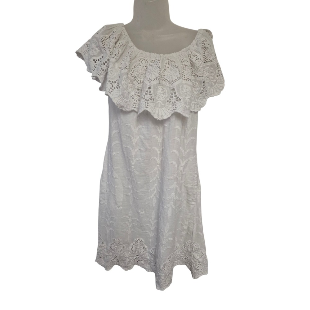 Soft Surroundings White Eyelet‎ Embroidered Off Shoulder Ruffle Mini Dress Small